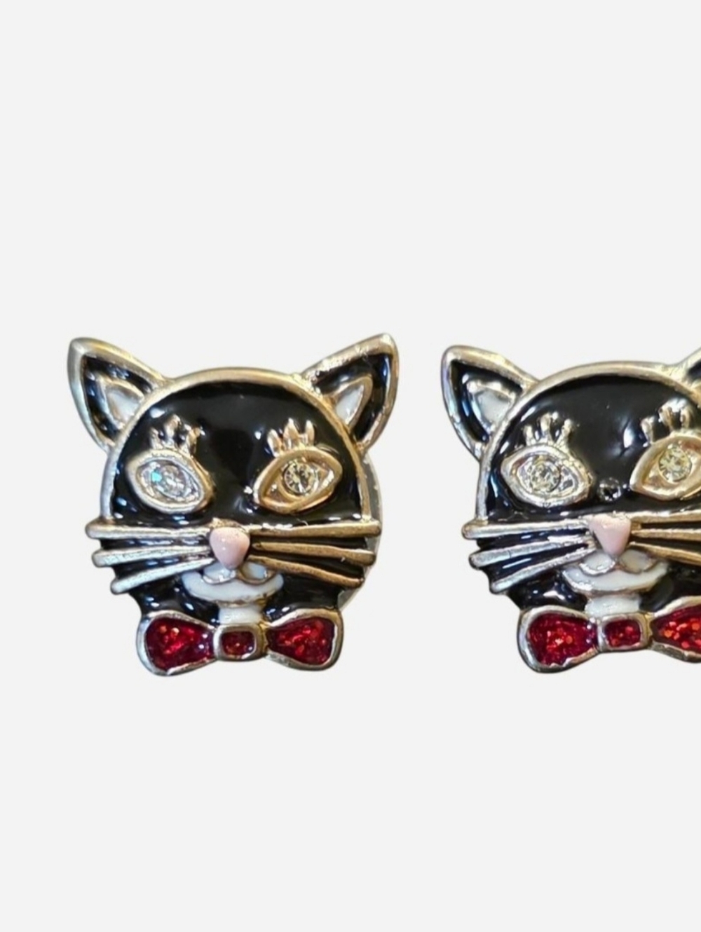 Betsey Johnson Black Enamel Cat Brooch & Stud Earrings w/Red Crystals Bows Heart - Picture 6 of 6